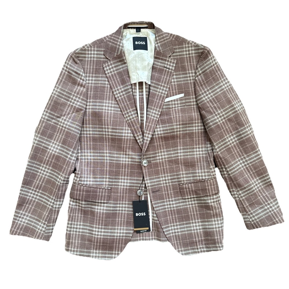 BOSS Hugo Boss Hutson Sport Coat Men 40R Rust Plaid Wool Unstructured NWT